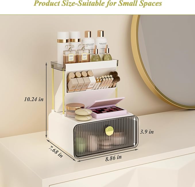 FOLLOWIN Bathroom Counter Organizers and Storage with Drawer, Cosmetic Organizer with Make Up Brush Holder, Perfume Makeup Shelf, 3-Tier Vanity Storage, Smoky Gray