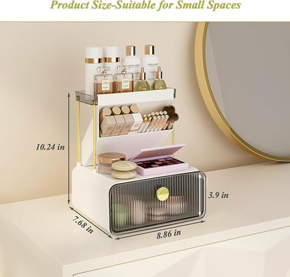 FOLLOWIN Bathroom Counter Organizers and Storage with Drawer, Cosmetic Organizer with Make Up Brush Holder, Perfume Makeup Shelf, 3-Tier Vanity Storage, Smoky Gray