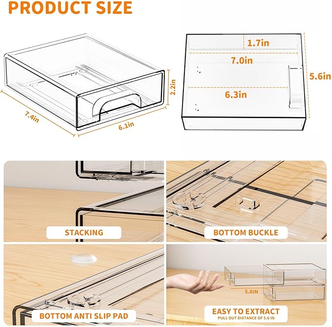 Yieach 8 Pack Small Clear Stackable Storage Drawers,2.2'' Tall Desk Organization and Storage,Plastic Office Supply Organizer,Acrylic Storage Containers for Makeup,Hair Clip,Accessory,Pen,Art Crafts
