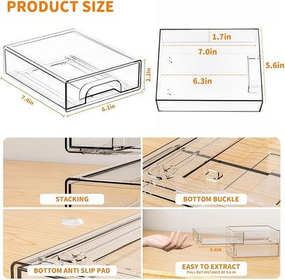 Yieach 8 Pack Small Clear Stackable Storage Drawers,2.2'' Tall Desk Organization and Storage,Plastic Office Supply Organizer,Acrylic Storage Containers for Makeup,Hair Clip,Accessory,Pen,Art Crafts