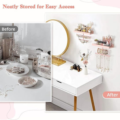 Keebofly Jewelry Organizer Wall Mounted Hanging with Wooden Shelf for Kids, Girls, Teens, Jewelry Holder Storage Display for Earring, Necklace, Bracelet, Bow, Pink, (Patented)
