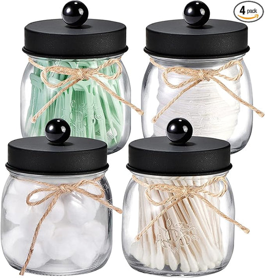 SheeChung 4 Pack Apothecary Jars with Lids, Bathroom Organizers and Storage, Qtip Holders Set, Bathroom Decor, Small Mason Jars for Q-tips, Cottons, Floss, Balls, Cotton Swabs-Black