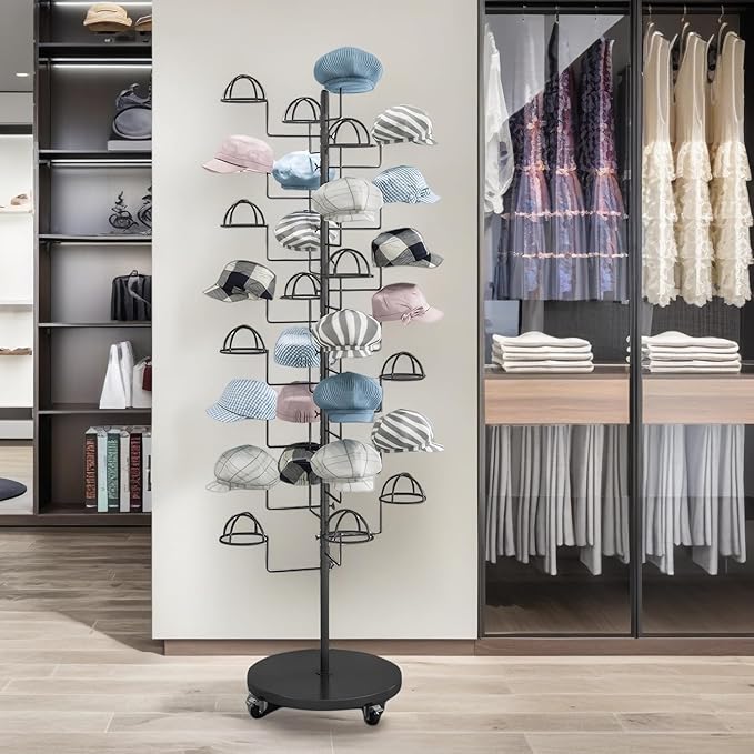 Metal Hats Display Rack with 30 Adjustable Hooks Floor Hat Rack Stand Hat Rack Display for Home Retail Store Hat Organizer Rack for Wig Cap(Black)