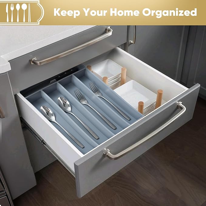 Silverware Organizer, 10 Inch Utensil Organizer Kitchen Drawer Organizer Bamboo Silverware Holder Cutlery Tray Organizer in Drawer Flatware Organizer Tray(5 slots, Gray
