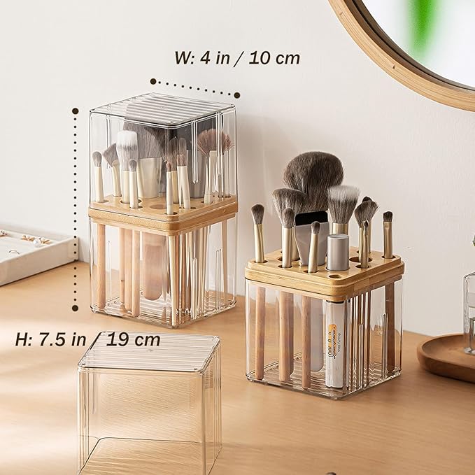 Clear Makeup Brush Organizer with Lid, Freestanding 16-Slot Display Case Container Storage for Eyeliners, Lip Liners, Pencils Vanity or Bathroom Countertop Storage