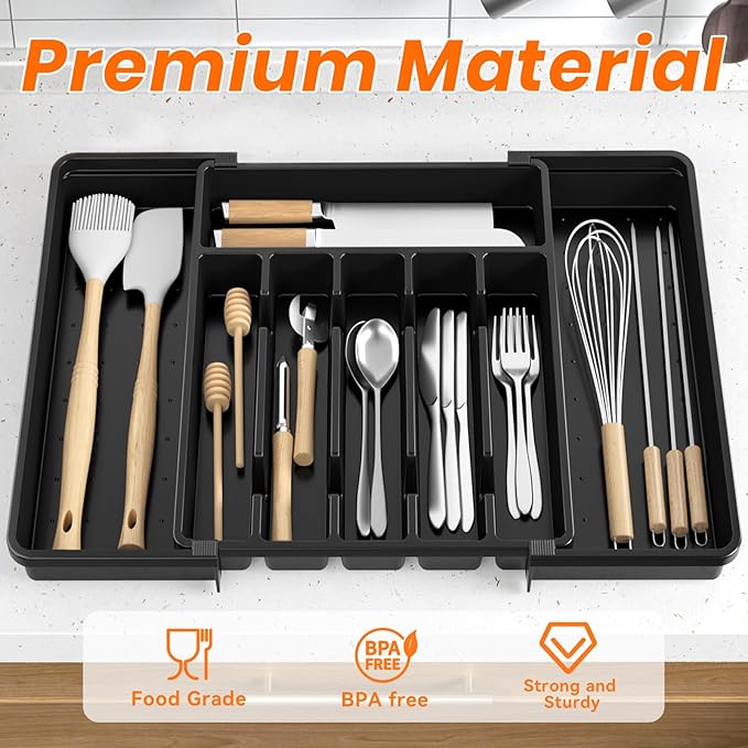 RoomHacks Large Silverware Organizer,Expandable Utensil Drawer Organizer,BPA Free Utensil Holder,Adjustable Silverware Tray Cutlery Drawer Organizer for Kitchen Flatware,Large,Black (6-8 Slots)