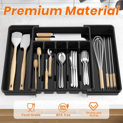 RoomHacks Large Silverware Organizer,Expandable Utensil Drawer Organizer,BPA Free Utensil Holder,Adjustable Silverware Tray Cutlery Drawer Organizer for Kitchen Flatware,Large,Black (6-8 Slots)
