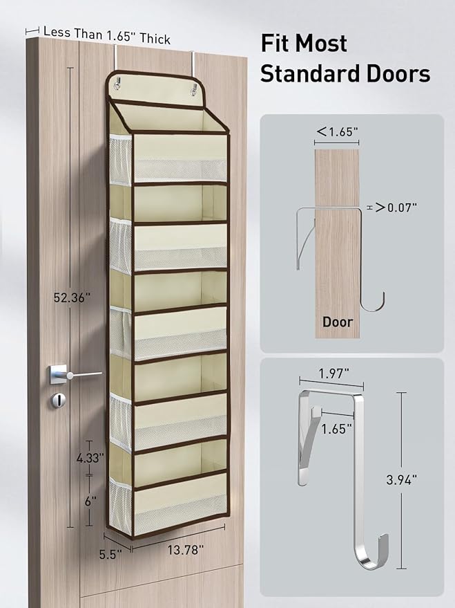 Yecaye 1 Pc 5 Tier Over the Door Organizer with 15 Pockets | 44lb Load Over the Door Storage | No Sagging Closet Organizers and Storage | Versatile Nursery Hanging Organizers for Home Dorm - Beige
