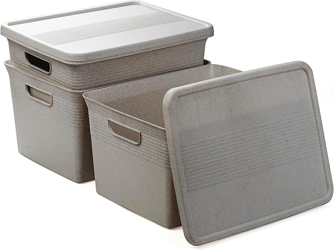 BINO | Plastic Storage Bins with Lids, 22 Liter - 3 Pack, Natural Grey | THE BRAIDED COLLECTION | Plastic Bins for Organization Woven Storage Baskets for Organizing Pantry Shelf Organizer Basket Bin