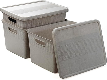 BINO | Plastic Storage Bins with Lids, 22 Liter - 3 Pack, Natural Grey | THE BRAIDED COLLECTION | Plastic Bins for Organization Woven Storage Baskets for Organizing Pantry Shelf Organizer Basket Bin