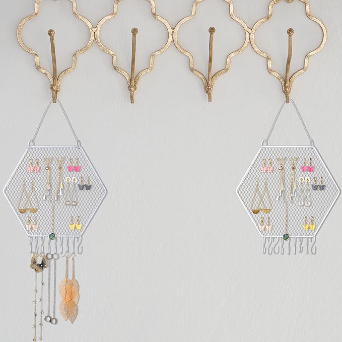 Jetec 2 Pcs Earring Wall Holder Wall Mounted Earring Organizer Hanging Jewelry Stand Decorative Diamond Grid Shape Display Rack with Hooks for Earrings Necklace Bracelet(White)