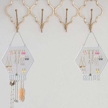 Jetec 2 Pcs Earring Wall Holder Wall Mounted Earring Organizer Hanging Jewelry Stand Decorative Diamond Grid Shape Display Rack with Hooks for Earrings Necklace Bracelet(White)
