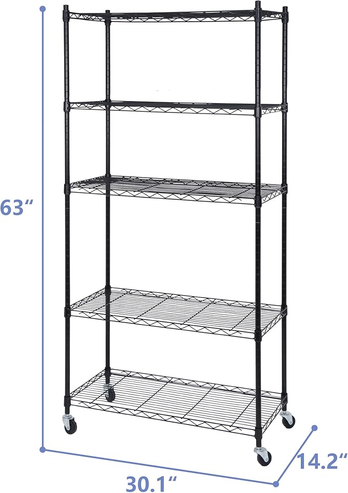 SUPER DEAL Black 5-Shelf Heavy Duty Storage Wire Shelving Unit with Wheels for Restaurant Garage Pantry Kitchen Garage Rack (30L x 14W x 63H)