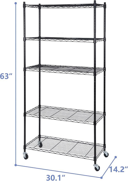 SUPER DEAL Black 5-Shelf Heavy Duty Storage Wire Shelving Unit with Wheels for Restaurant Garage Pantry Kitchen Garage Rack (30L x 14W x 63H)