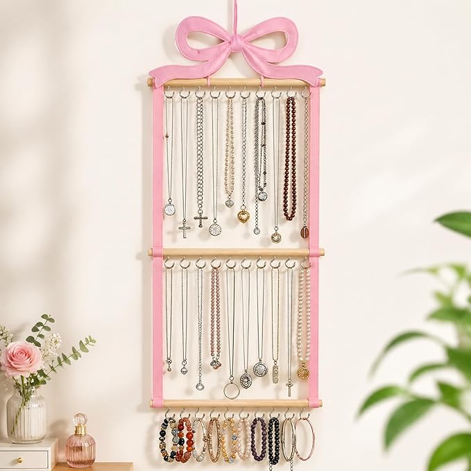 Sliner Pink Bow Hanging Jewelry Organizer Coquette Necklace Holder Wall Mounted with 30 Hooks Jewelry Hanger over Door Necklace Rack for Earrings Bracelets Headband Rings Women Bedroom Decor