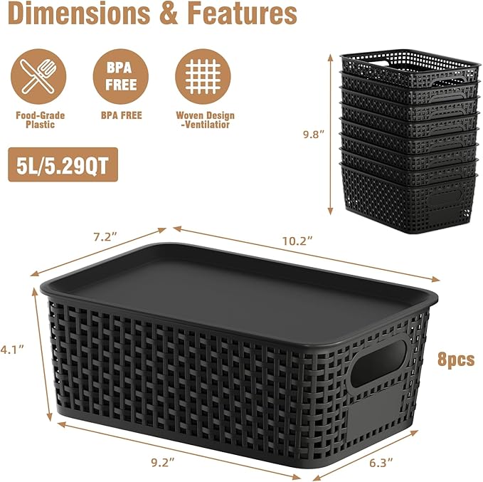 8 Pcs Plastic Storage Baskets with Plastic Lids and Labels 5.29qt Stackable Box Basket Pantry Decorative Containers, Small Storage Bins for Shelves Drawers Closets Bedrooms Office Cabinets 10*7.2*4.1"