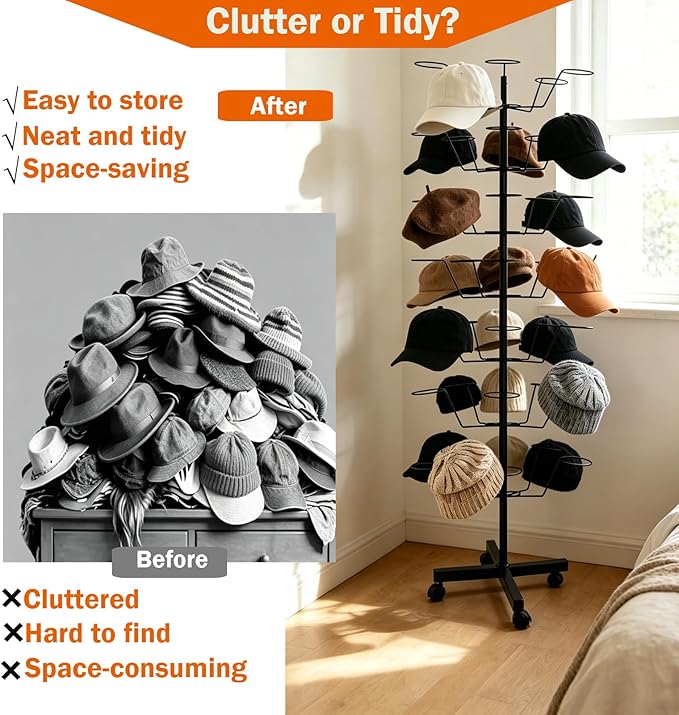 uyoyous 7-Tier Rotating Hat Rack Stand for Retail Stores, Heavy-Duty Metal Hat Display Organizer with Wheels, Holds 35+ Caps for Boutique & Home Use