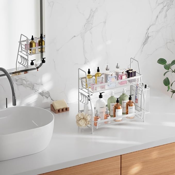VITVITI 2-Tier Bathroom Organizer Countertop, Metal Wire Mesh Bathroom Counter Organizer Storage with Basket Hooks, Vanity Tray Shelf, Kitchen Spice Rack, Small White