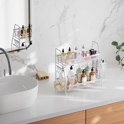 VITVITI 2-Tier Bathroom Organizer Countertop, Metal Wire Mesh Bathroom Counter Organizer Storage with Basket Hooks, Vanity Tray Shelf, Kitchen Spice Rack, Small White