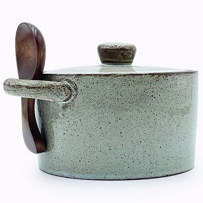 12 oz Ceramic Salt Cellar with Lid & Wooden Spoon,Countertop Salt Container,Sugar Bowl,Spices Jar| Artisan Kitchen Decor(Coarse Pottery)