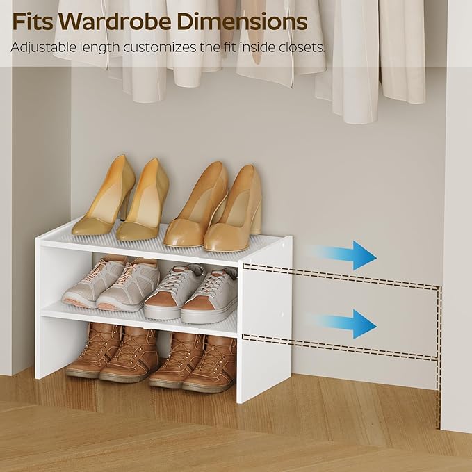 YATINEY Expandable Shoe Rack, 2-Tier Adjustable Entryway Shoe Organizer, Stackable Closet Shoe Rack for Small Space, Compact Shoe Shelf Storage for Garage Holds Up to 12 Pairs, White SS03WW