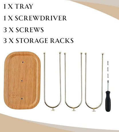 NEWLOOP Scrunchie Holder for Women - Triple Storage 3 Rotating Rods 6-Arm Hair Accessory Organizer with Jewelry Tray Wood & Metal Collection Holder Gift for Loved Ones Natural