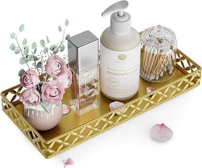 Bathroom Vanity Tray for Counter Organizer - 11 Inch Small Decorative Tray Gold Rectangle Countertop Tray for Perfume Makeup Cosmetic Jewelry