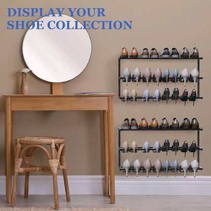 3 Pack Wall Mounted Shoe Rack, 3 Tier Hanging Shoe Rack Holds 36 Pairs, 17"-30"Adjustable Heavy Duty Metal Shoe Organizer Holder with 6 Storage Hooks, Space Saving for Closet Entryway Doorway（Black)