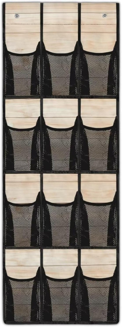 Over the Door Shoe Organizer Foldable Hanging Shoe Organizer with 12 Large Pockets Sturdy Oxford Storage Holder for Dorm Bedroom Wood Grain