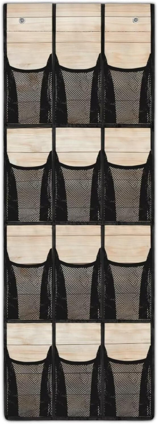 Over the Door Shoe Organizer Foldable Hanging Shoe Organizer with 12 Large Pockets Sturdy Oxford Storage Holder for Dorm Bedroom Wood Grain
