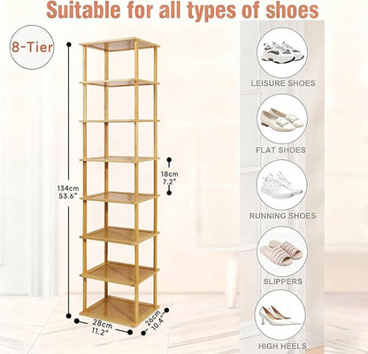 Aniston 8 Tier Bamboo Shoe Rack, Free Standing Slim Narrow Shoe Storage, Vertical Tall Shoe Shelf Organiser for Garage, Closet, Doorway, Corner, Living Room Small Spaces