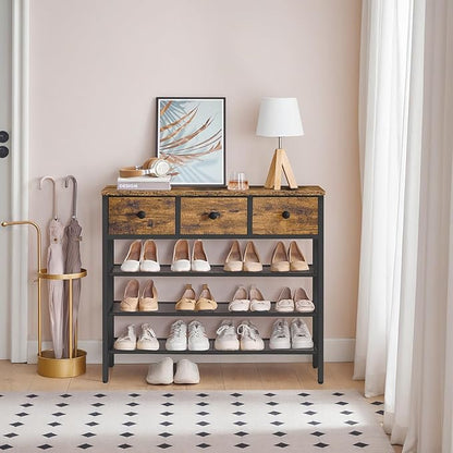 YATINEY 4-Tier Shoe Rack with 3 Drawers, Metal Shoe Organizer for 15 Pairs with Storage Shelves and Wooden Top, for Entryway, Hallway, Foyer, Closet, Rustic Brown and Black SS34BR