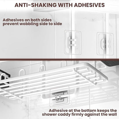 REINHARDT Shower Caddy Hanging, Rustproof Shower Caddy Anti-Swing Shower Organizer No Drilling Showers Racks with Soap Holder Multi Hooks Bathroom Storage for Shampoo Sponge, White