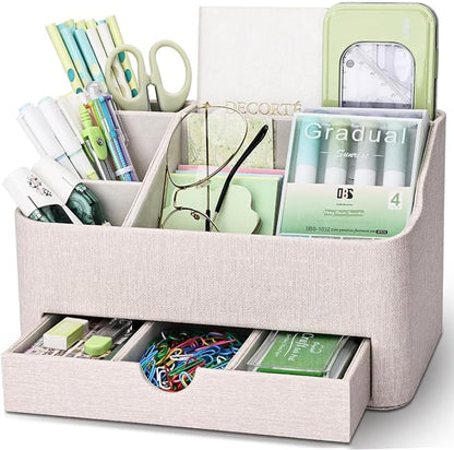 KINGFOM Leather Makeup Organizer with Drawer, Cosmetic Storage for Dresser Countertop and Bathroom Vanity, Beauty Holder for Lipstick Brush Skincare (Beige)