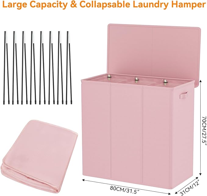 WOWLIVE 180L Laundry Hamper with Lid 3 Section,Large Laundry Basket with Removable Bags and Handles,Collapsible Dirty Clothes Hampers for Laundry,Laundry Basket Organizer for Laundry Room,Dorm,Pink