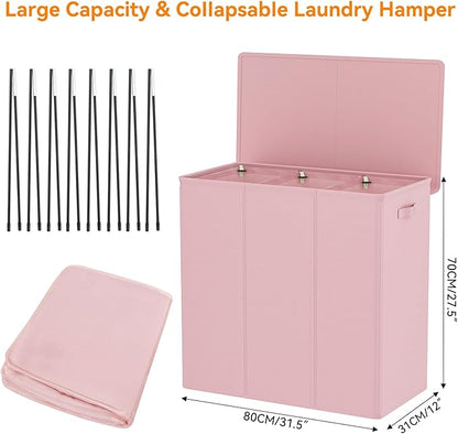 WOWLIVE 180L Laundry Hamper with Lid 3 Section,Large Laundry Basket with Removable Bags and Handles,Collapsible Dirty Clothes Hampers for Laundry,Laundry Basket Organizer for Laundry Room,Dorm,Pink