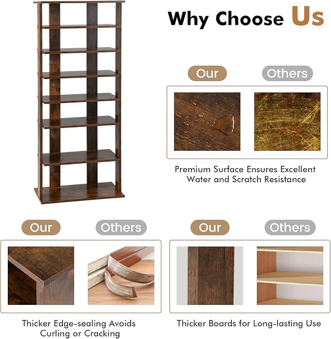 COSTWAY 7 Tiers Shoe Rack, Double Rows Vertical Tall Narrow Patented Shoe Organizer, Free Standing Shoe Rack for Small Space, Entryway, Closet, Living Room, Bedroom (Rustic Brown)