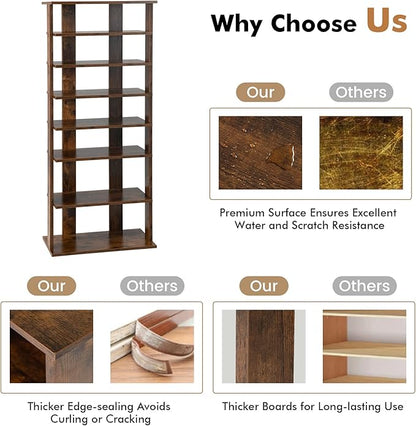 COSTWAY 7 Tiers Shoe Rack, Double Rows Vertical Tall Narrow Patented Shoe Organizer, Free Standing Shoe Rack for Small Space, Entryway, Closet, Living Room, Bedroom (Rustic Brown)