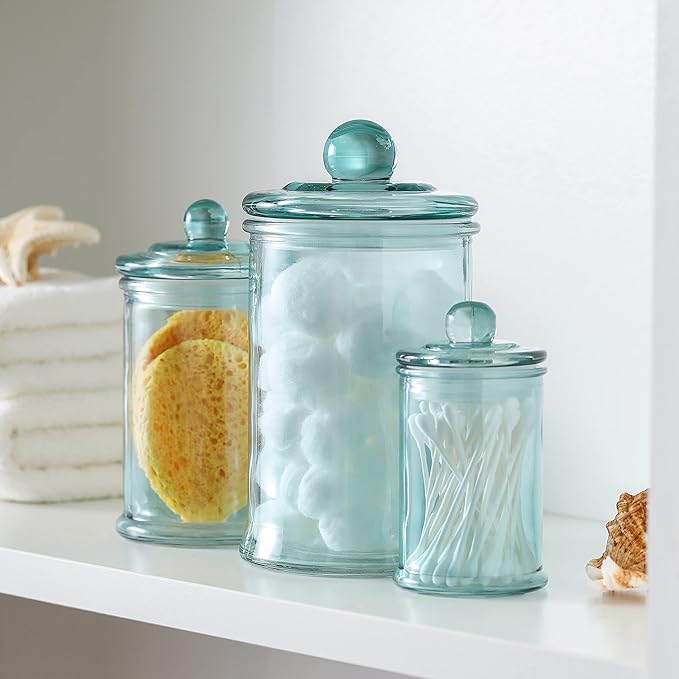 Glass Apothecary Jar | Bathroom Storage Organizer Canister (Set of 3, Blue)