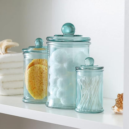 Glass Apothecary Jar | Bathroom Storage Organizer Canister (Set of 3, Blue)