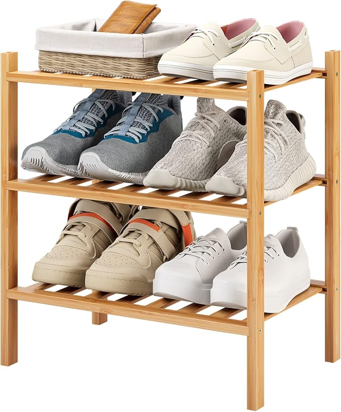 3-Tier Small Shoe Rack for Entryway, Stackable | Heavy Duty | Multi-Function, Bamboo Free Standing Shoe Racks for Bedroom Hallway Closet