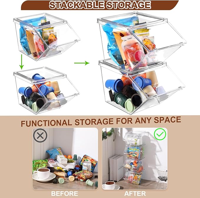 Yerliker 4 Pcs Clear Plastic Storage Bins with Lids Large Stackable Pantry Storage Organizer Bins Kitchen Organization Cabinet Organizers Ideal Containers for Fridge, Kitchen, Cabinets (Clear)