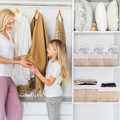 Vagusicc Wicker Storage Basket, Hand-Woven Paper Rope Basket, Rectangular Small Basket for Organizing, Cube Storage Bin for Closet/Clothes/Dresser, Beige, 5-Pack