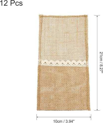 uxcell 12Pcs Burlap Lace Utensil Holders, 4" x 8" Cutlery Pouch Silverware Holder Natural Jute Pouch Bag Burlap Napkin Bag for Wedding Table Decoration
