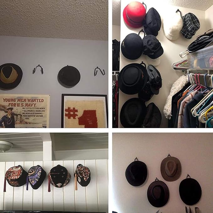 Cowboy Hat Rack - Wall Mount Hooks for Hats & Caps - Easily Adjustable - No Scratches - 4/PK