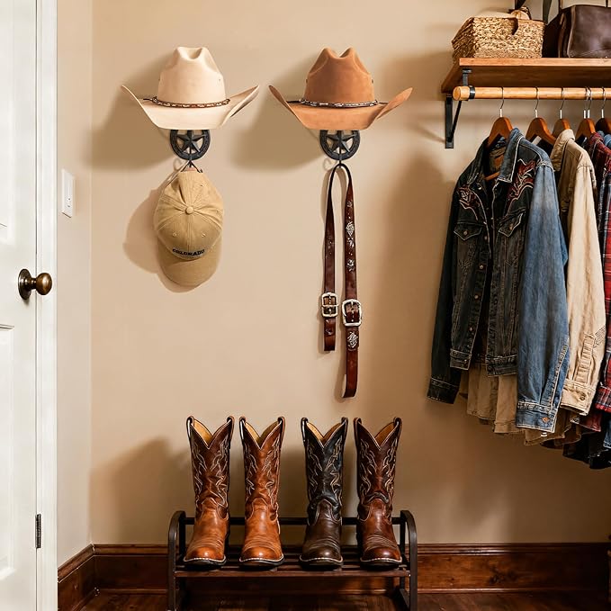 Cowboy Hat Holder for Wall 2 Pack Metal Iron Cowboy Hat Rack Western Hat Hanger Horseshoe Hooks Storage Cowboy Hat Organizer Display Closet Living Room Western Gifts Wall Decor Black