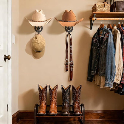 Cowboy Hat Holder for Wall 2 Pack Metal Iron Cowboy Hat Rack Western Hat Hanger Horseshoe Hooks Storage Cowboy Hat Organizer Display Closet Living Room Western Gifts Wall Decor Black