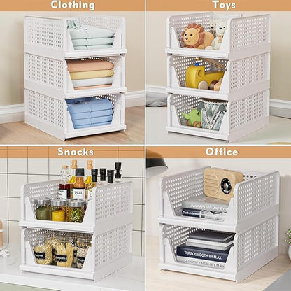8 Pack Stackable Closet Storage Basket - Stackable Storage Bins, Multifunctional & Foldable Closet Organizer Waterproof, Wardrobe Cupboard Space-Saving Hat Storage Drawer Organizer, White