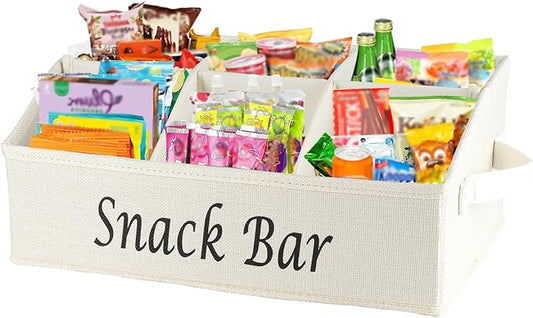 Snack Organizer for Countertop, Trapezoid Fabric Snack Bin with Side Handles, 6 Compartment Snack Basket Container, Lightweight Snack Bar Station Organizer, Kitchen Pantry Storage-Beige