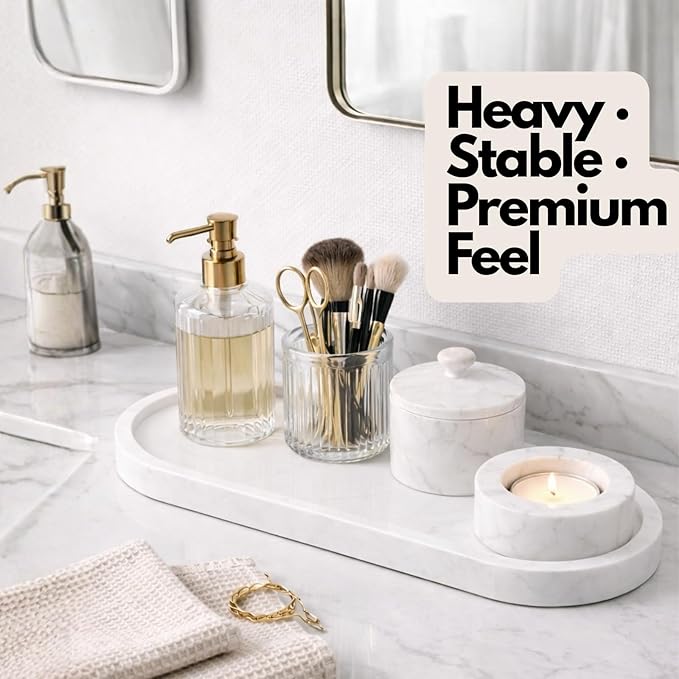 White Marble Oval Bathroom Vanity Tray – 12”x6” Marble Tray for Countertop, Perfume & Jewelry Display | Solid 2cm Thick Stone Tray
